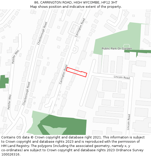 86, CARRINGTON ROAD, HIGH WYCOMBE, HP12 3HT: Location map and indicative extent of plot