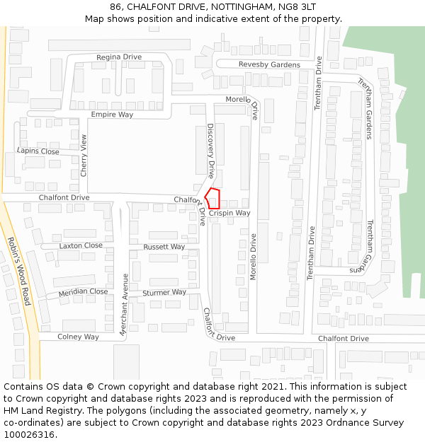 86, CHALFONT DRIVE, NOTTINGHAM, NG8 3LT: Location map and indicative extent of plot