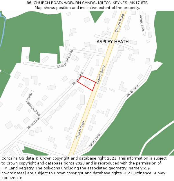 86, CHURCH ROAD, WOBURN SANDS, MILTON KEYNES, MK17 8TR: Location map and indicative extent of plot