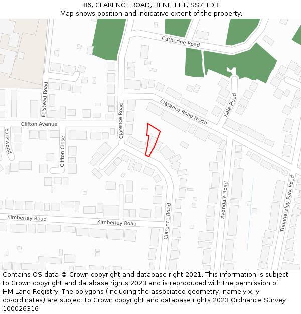 86, CLARENCE ROAD, BENFLEET, SS7 1DB: Location map and indicative extent of plot