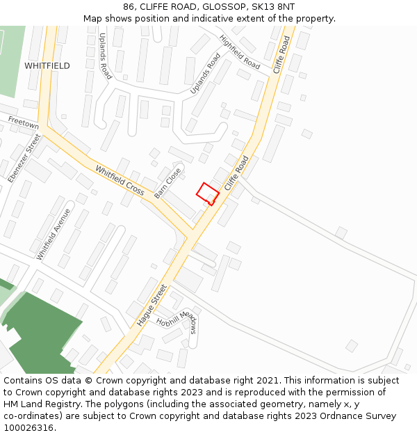 86, CLIFFE ROAD, GLOSSOP, SK13 8NT: Location map and indicative extent of plot