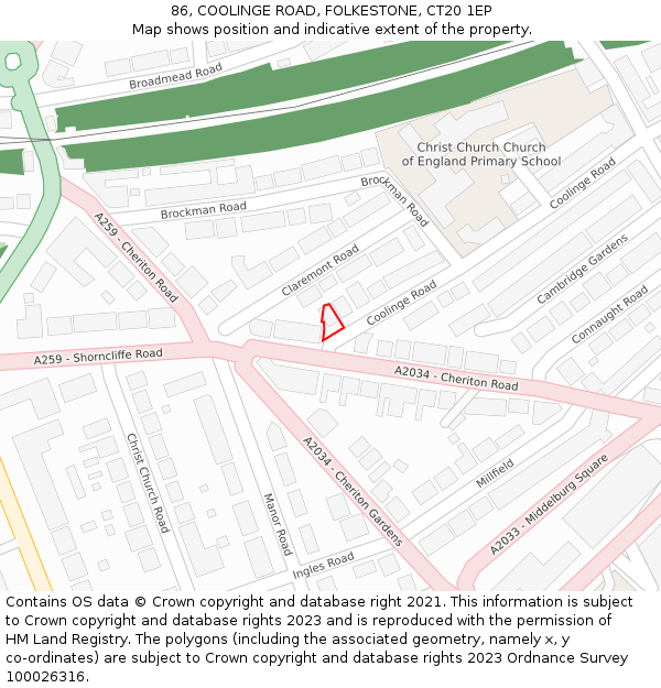 86, COOLINGE ROAD, FOLKESTONE, CT20 1EP: Location map and indicative extent of plot