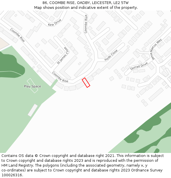 86, COOMBE RISE, OADBY, LEICESTER, LE2 5TW: Location map and indicative extent of plot