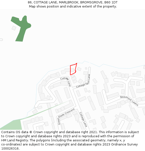 86, COTTAGE LANE, MARLBROOK, BROMSGROVE, B60 1DT: Location map and indicative extent of plot