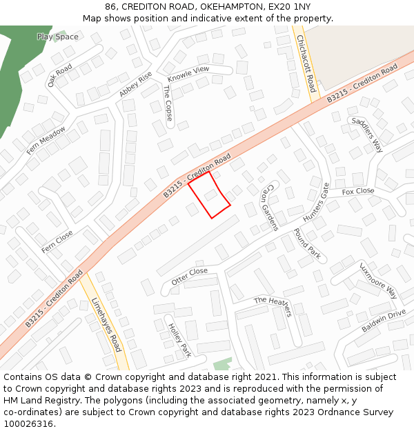 86, CREDITON ROAD, OKEHAMPTON, EX20 1NY: Location map and indicative extent of plot