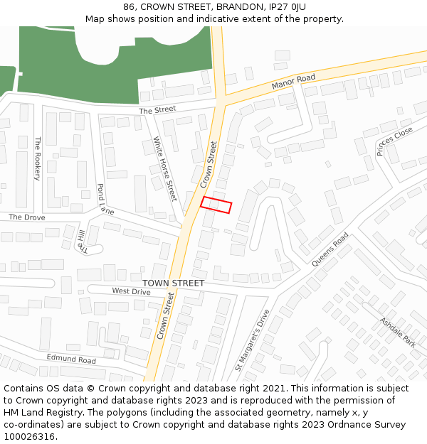 86, CROWN STREET, BRANDON, IP27 0JU: Location map and indicative extent of plot