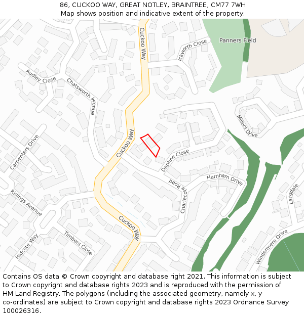 86, CUCKOO WAY, GREAT NOTLEY, BRAINTREE, CM77 7WH: Location map and indicative extent of plot