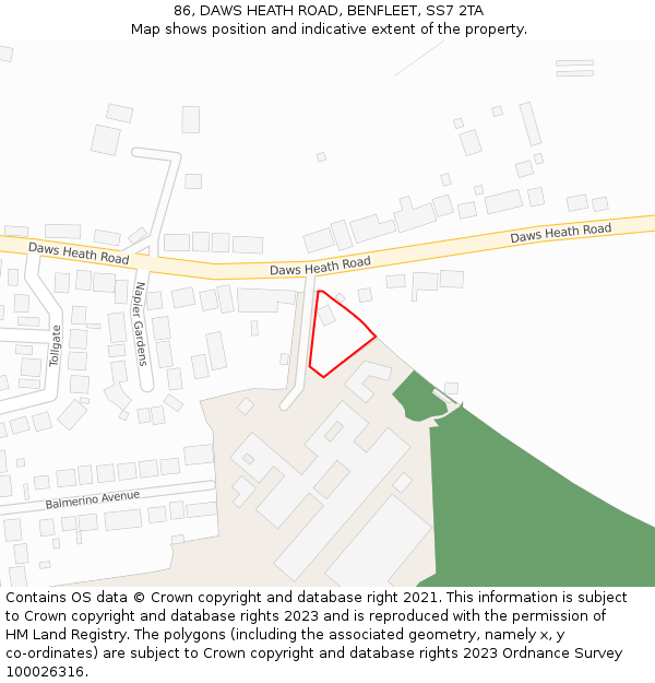 86, DAWS HEATH ROAD, BENFLEET, SS7 2TA: Location map and indicative extent of plot