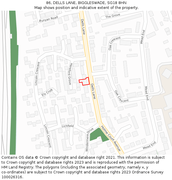 86, DELLS LANE, BIGGLESWADE, SG18 8HN: Location map and indicative extent of plot