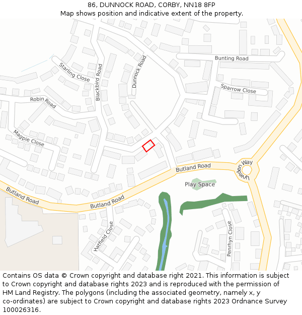 86, DUNNOCK ROAD, CORBY, NN18 8FP: Location map and indicative extent of plot