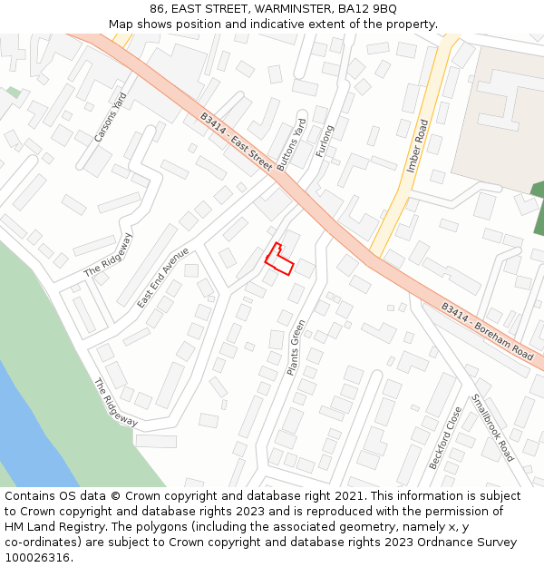 86, EAST STREET, WARMINSTER, BA12 9BQ: Location map and indicative extent of plot