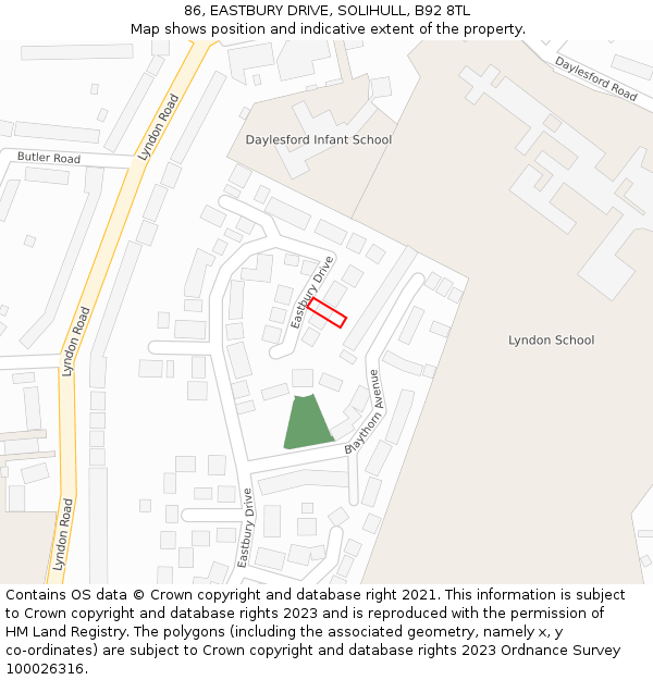 86, EASTBURY DRIVE, SOLIHULL, B92 8TL: Location map and indicative extent of plot