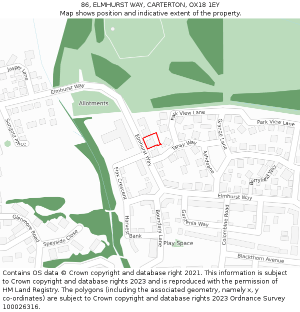 86, ELMHURST WAY, CARTERTON, OX18 1EY: Location map and indicative extent of plot