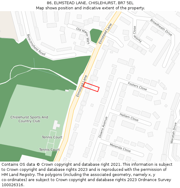 86, ELMSTEAD LANE, CHISLEHURST, BR7 5EL: Location map and indicative extent of plot