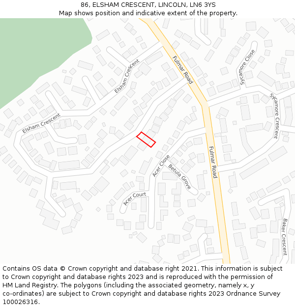 86, ELSHAM CRESCENT, LINCOLN, LN6 3YS: Location map and indicative extent of plot