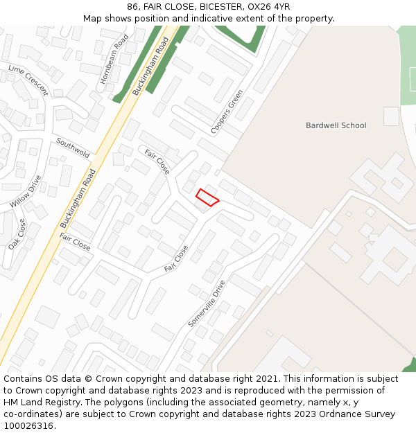 86, FAIR CLOSE, BICESTER, OX26 4YR: Location map and indicative extent of plot