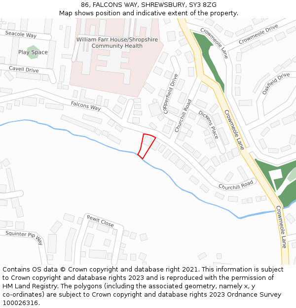 86, FALCONS WAY, SHREWSBURY, SY3 8ZG: Location map and indicative extent of plot