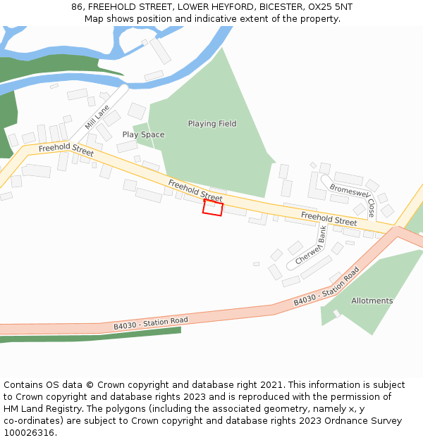 86, FREEHOLD STREET, LOWER HEYFORD, BICESTER, OX25 5NT: Location map and indicative extent of plot
