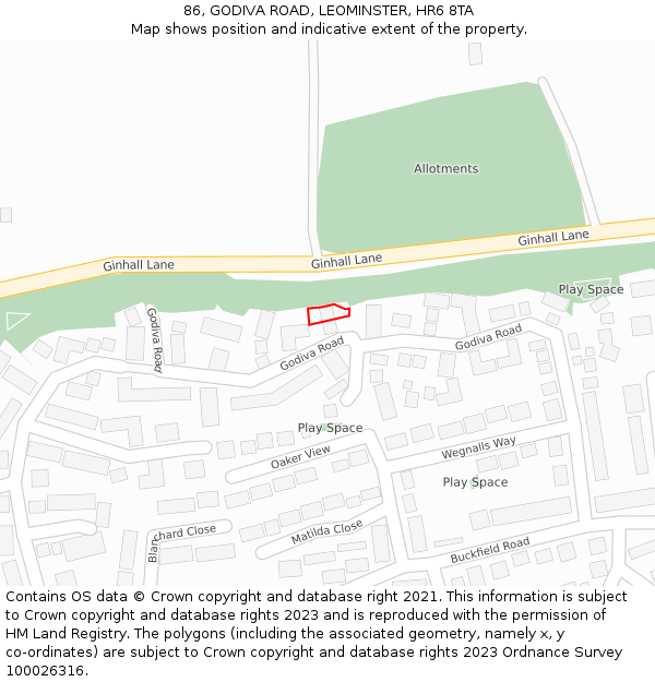 86, GODIVA ROAD, LEOMINSTER, HR6 8TA: Location map and indicative extent of plot
