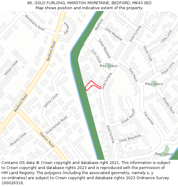 86, GOLD FURLONG, MARSTON MORETAINE, BEDFORD, MK43 0ED: Location map and indicative extent of plot