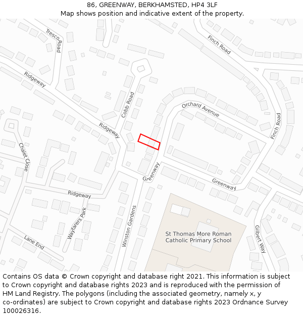 86, GREENWAY, BERKHAMSTED, HP4 3LF: Location map and indicative extent of plot