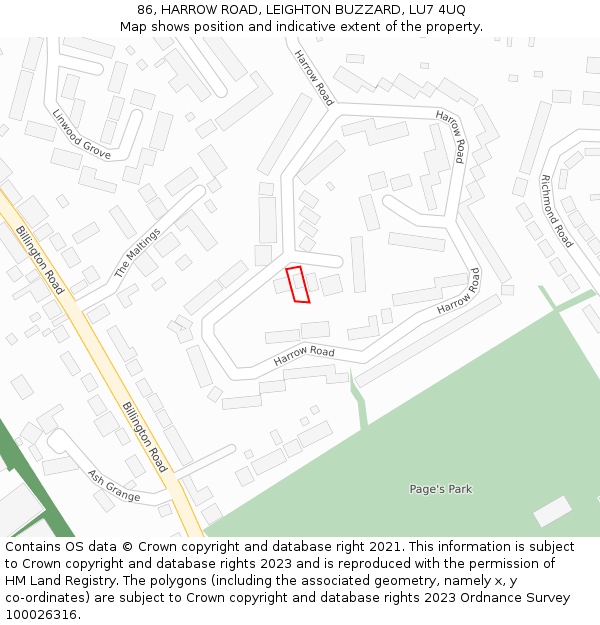 86, HARROW ROAD, LEIGHTON BUZZARD, LU7 4UQ: Location map and indicative extent of plot