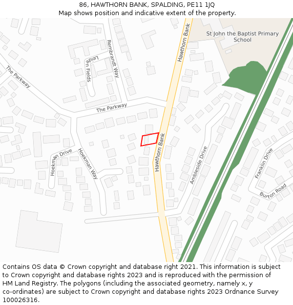 86, HAWTHORN BANK, SPALDING, PE11 1JQ: Location map and indicative extent of plot