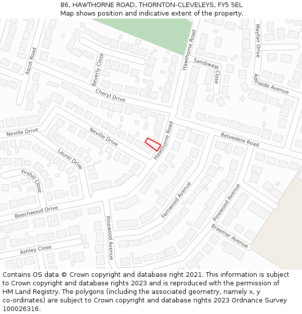86, HAWTHORNE ROAD, THORNTON-CLEVELEYS, FY5 5EL: Location map and indicative extent of plot
