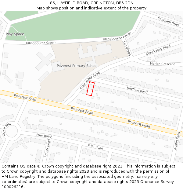 86, HAYFIELD ROAD, ORPINGTON, BR5 2DN: Location map and indicative extent of plot