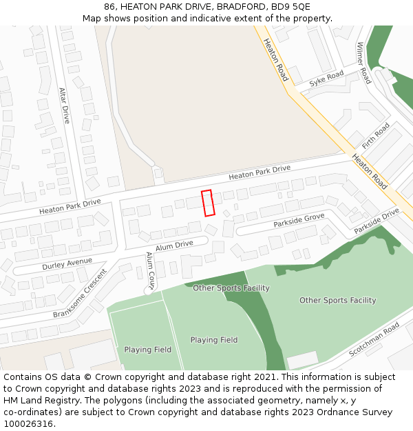 86, HEATON PARK DRIVE, BRADFORD, BD9 5QE: Location map and indicative extent of plot