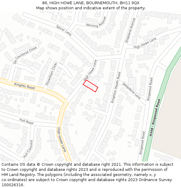 86, HIGH HOWE LANE, BOURNEMOUTH, BH11 9QX: Location map and indicative extent of plot