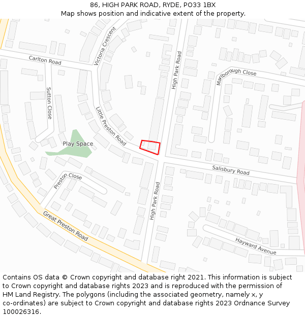 86, HIGH PARK ROAD, RYDE, PO33 1BX: Location map and indicative extent of plot