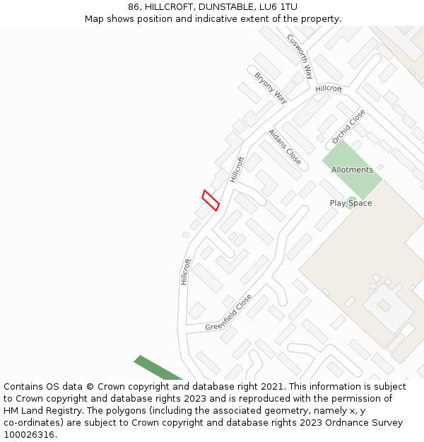 86, HILLCROFT, DUNSTABLE, LU6 1TU: Location map and indicative extent of plot