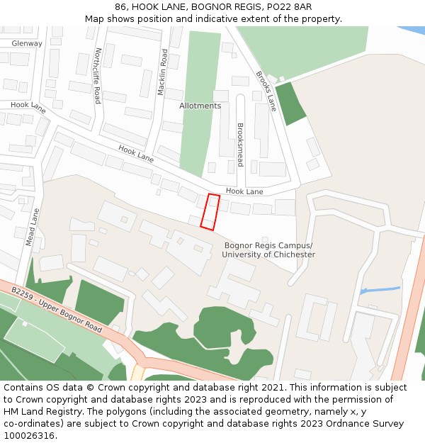 86, HOOK LANE, BOGNOR REGIS, PO22 8AR: Location map and indicative extent of plot