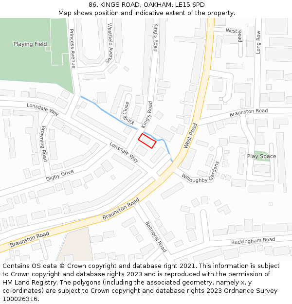 86, KINGS ROAD, OAKHAM, LE15 6PD: Location map and indicative extent of plot