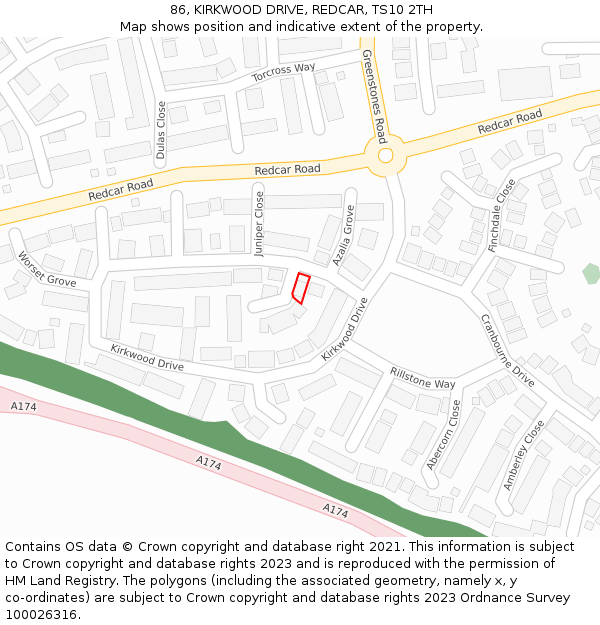 86, KIRKWOOD DRIVE, REDCAR, TS10 2TH: Location map and indicative extent of plot