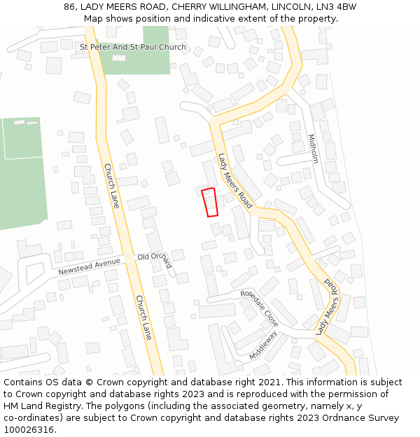 86, LADY MEERS ROAD, CHERRY WILLINGHAM, LINCOLN, LN3 4BW: Location map and indicative extent of plot