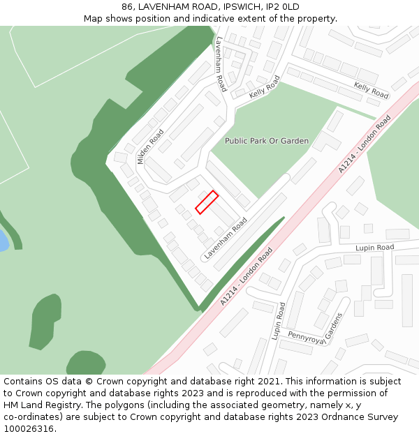 86, LAVENHAM ROAD, IPSWICH, IP2 0LD: Location map and indicative extent of plot