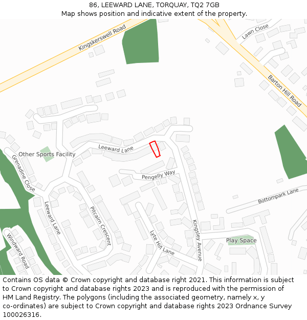 86, LEEWARD LANE, TORQUAY, TQ2 7GB: Location map and indicative extent of plot