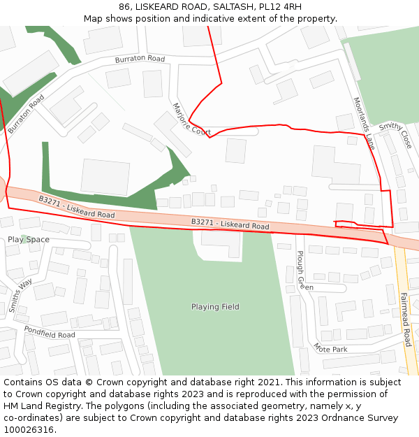 86, LISKEARD ROAD, SALTASH, PL12 4RH: Location map and indicative extent of plot