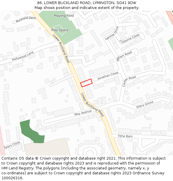 86, LOWER BUCKLAND ROAD, LYMINGTON, SO41 9DW: Location map and indicative extent of plot