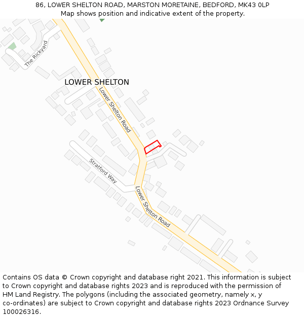 86, LOWER SHELTON ROAD, MARSTON MORETAINE, BEDFORD, MK43 0LP: Location map and indicative extent of plot