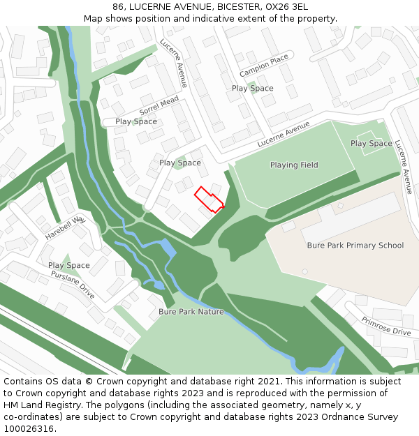 86, LUCERNE AVENUE, BICESTER, OX26 3EL: Location map and indicative extent of plot