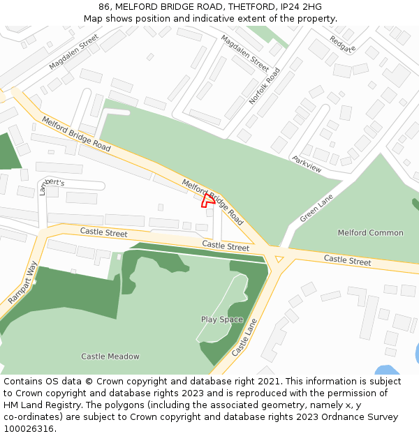 86, MELFORD BRIDGE ROAD, THETFORD, IP24 2HG: Location map and indicative extent of plot