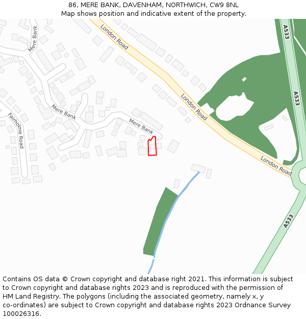 86, MERE BANK, DAVENHAM, NORTHWICH, CW9 8NL: Location map and indicative extent of plot