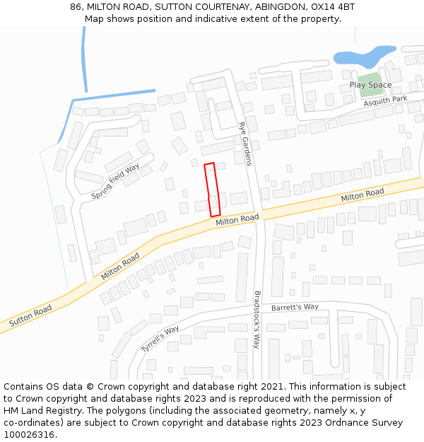 86, MILTON ROAD, SUTTON COURTENAY, ABINGDON, OX14 4BT: Location map and indicative extent of plot