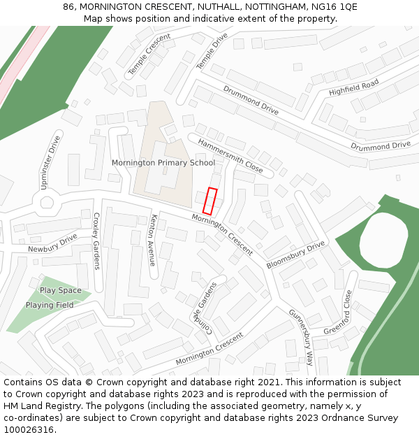 86, MORNINGTON CRESCENT, NUTHALL, NOTTINGHAM, NG16 1QE: Location map and indicative extent of plot