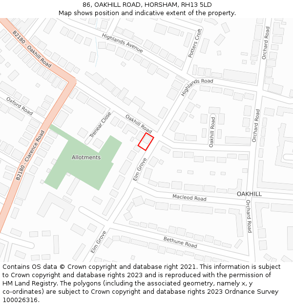 86, OAKHILL ROAD, HORSHAM, RH13 5LD: Location map and indicative extent of plot