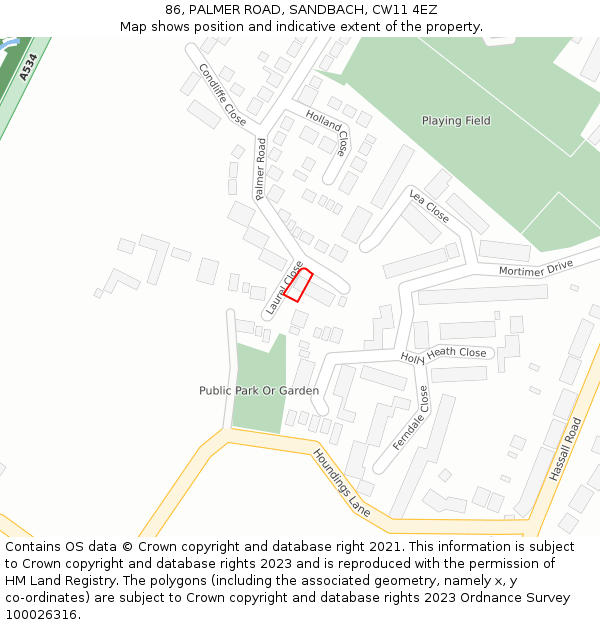 86, PALMER ROAD, SANDBACH, CW11 4EZ: Location map and indicative extent of plot