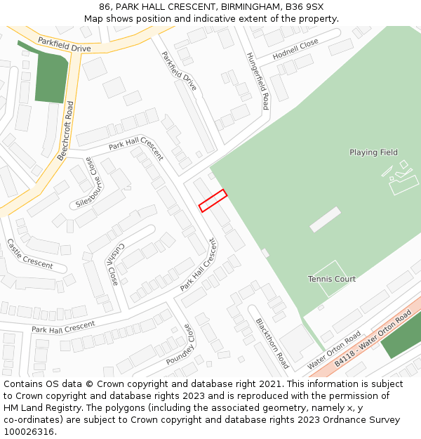 86, PARK HALL CRESCENT, BIRMINGHAM, B36 9SX: Location map and indicative extent of plot